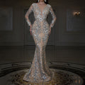 2025 new european and american style cross-border dress - gold foil long sleeve slim fit sexy mermaid train evening gown