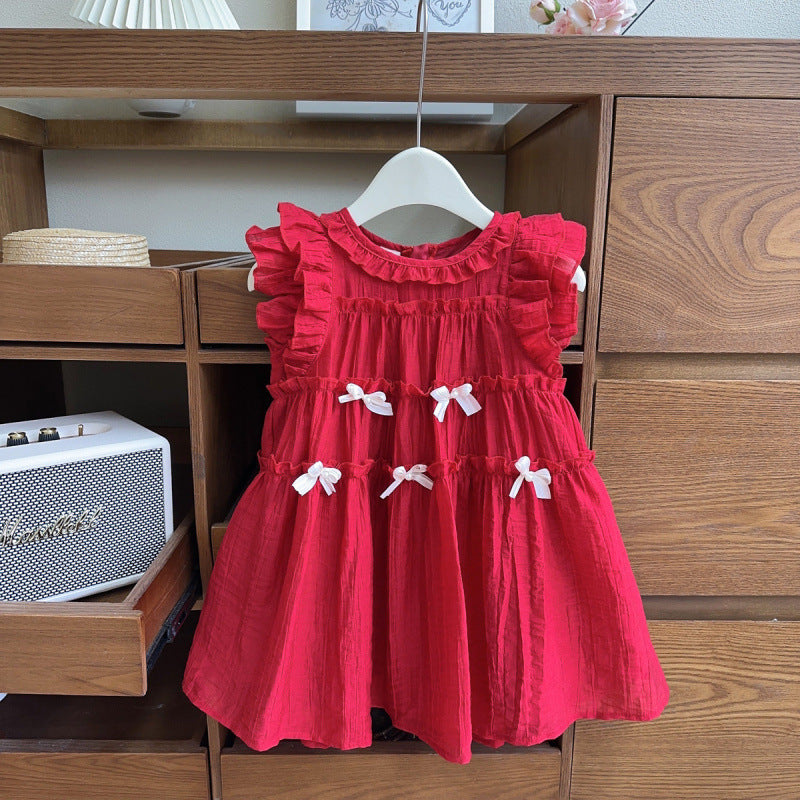 Girls' bowknot flutter sleeve dress - new summer style, sleeveless beach sundress with lace trim for little girls