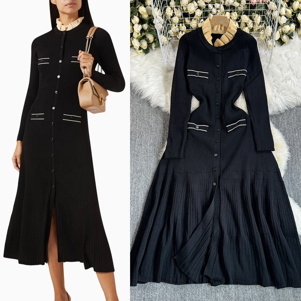 Exportfall and winterfrenchelegancecontrast colorlace collarlong sleeveselegant silmslimming lookblacklongknittingdress