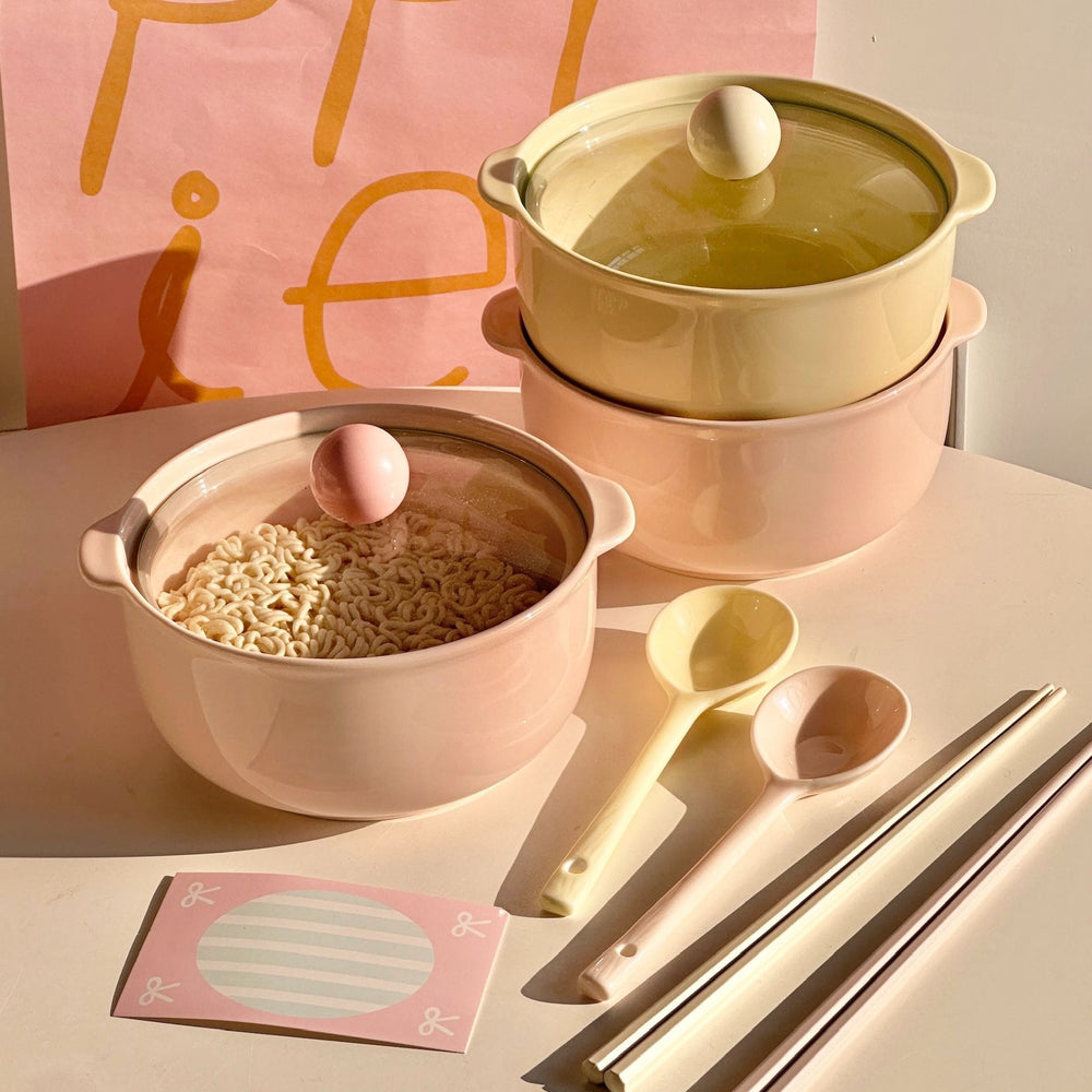 Double-eared bowl ceramic instant noodle bowl with lid special bowl for dormitory student large soup bowl for home one-person large-capacity bowl