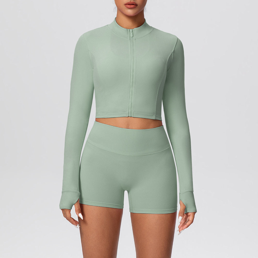 High-waisted, butt-lifting, form-fitting athletic shorts with a zip-up outer layer – a barely-there, casual running and fitness outfit set, perfect for yoga