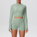 High-waisted, butt-lifting, form-fitting athletic shorts with a zip-up outer layer – a barely-there, casual running and fitness outfit set, perfect for yoga