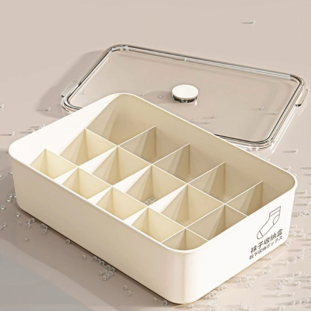 Underwear storage box - home organizer for socks, bras, and panties - 3-in-1 compartmentalized closet organizer with lid - dustproof