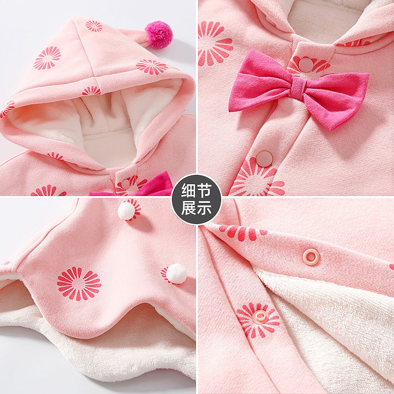Baby outing cape, girls' winter hooded coat, children's windproof fleece-lined swaddle blanket, korean style princess autumn/winter collection