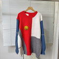 European and american style cross-border autumn/winter denim sleeve color block smiley face loose pullover sweater round neck knitted base layer top for women