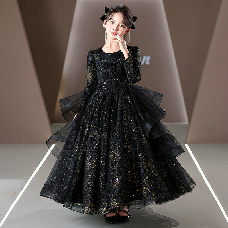 Ready-to-ship cross-border girls' evening gown, black flower girl dress, piano recital dress, little girl's hostess dress, performance princess dress