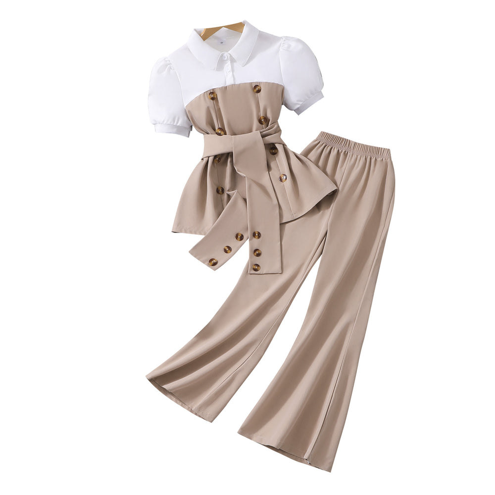 Girls' outfit set: white and brown color block collared top + wide leg flare pants fashion set