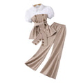 Girls' outfit set: white and brown color block collared top + wide leg flare pants fashion set