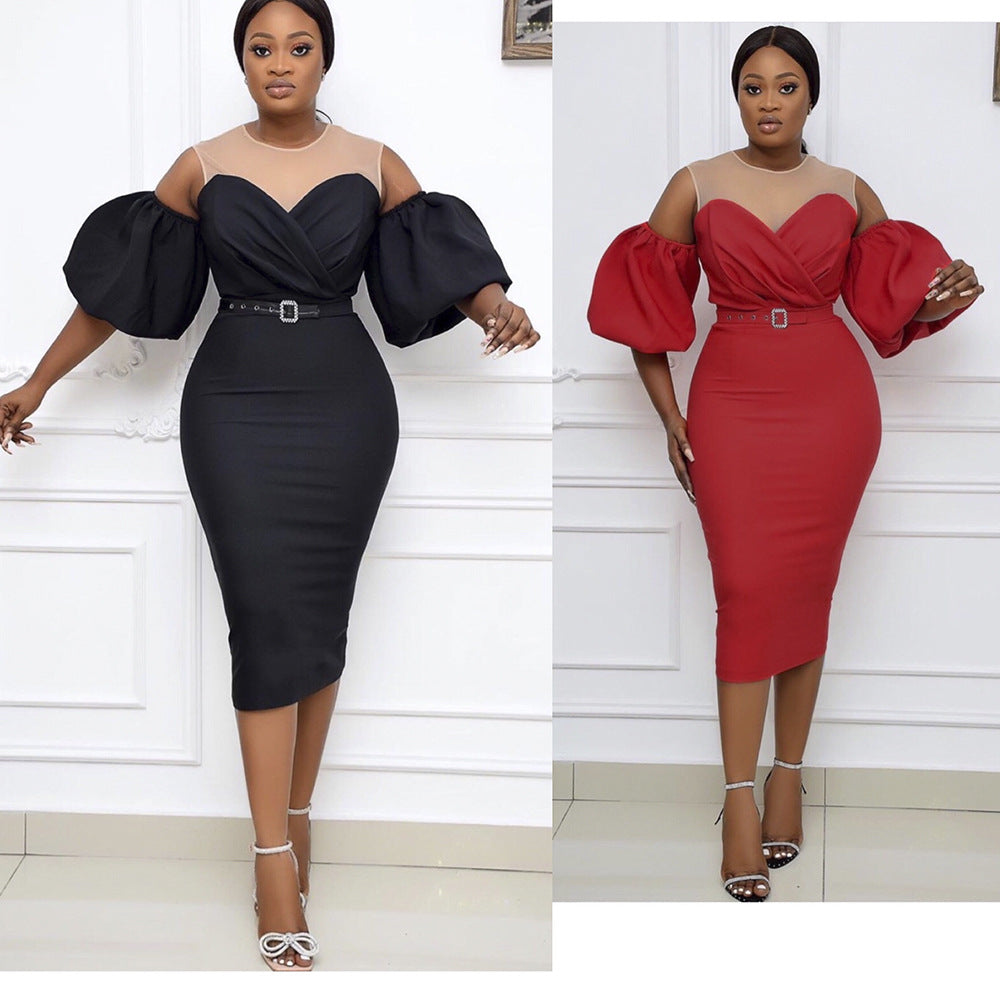 Plus size women's fashion: european & american style african-inspired dress - puff sleeve, off-the-shoulder, sexy bodycon midi dress with belt