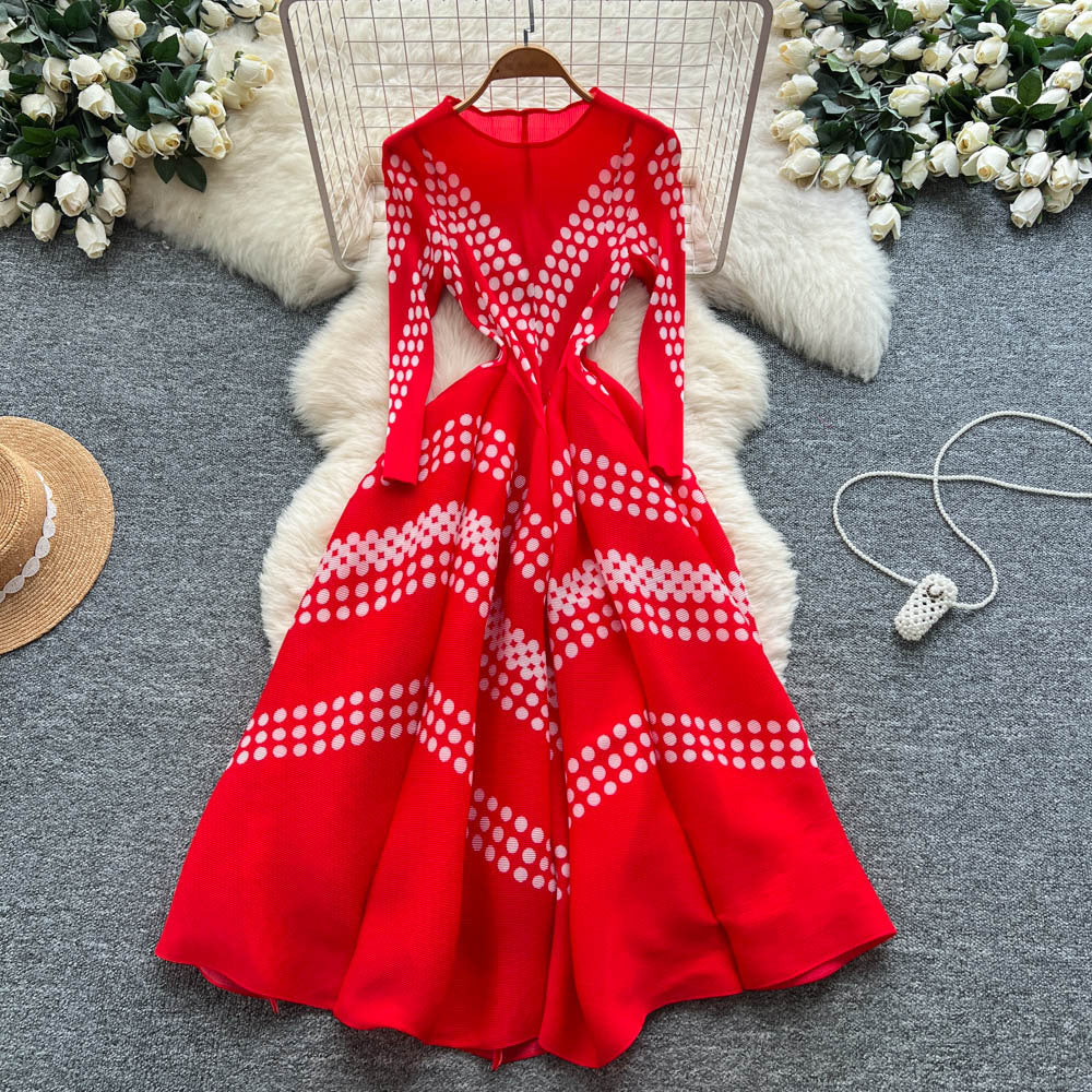 Miya pleated european and american dress women's autumn and winter european and american fashion asymmetrical printing waist elegant large swing pleated skirt