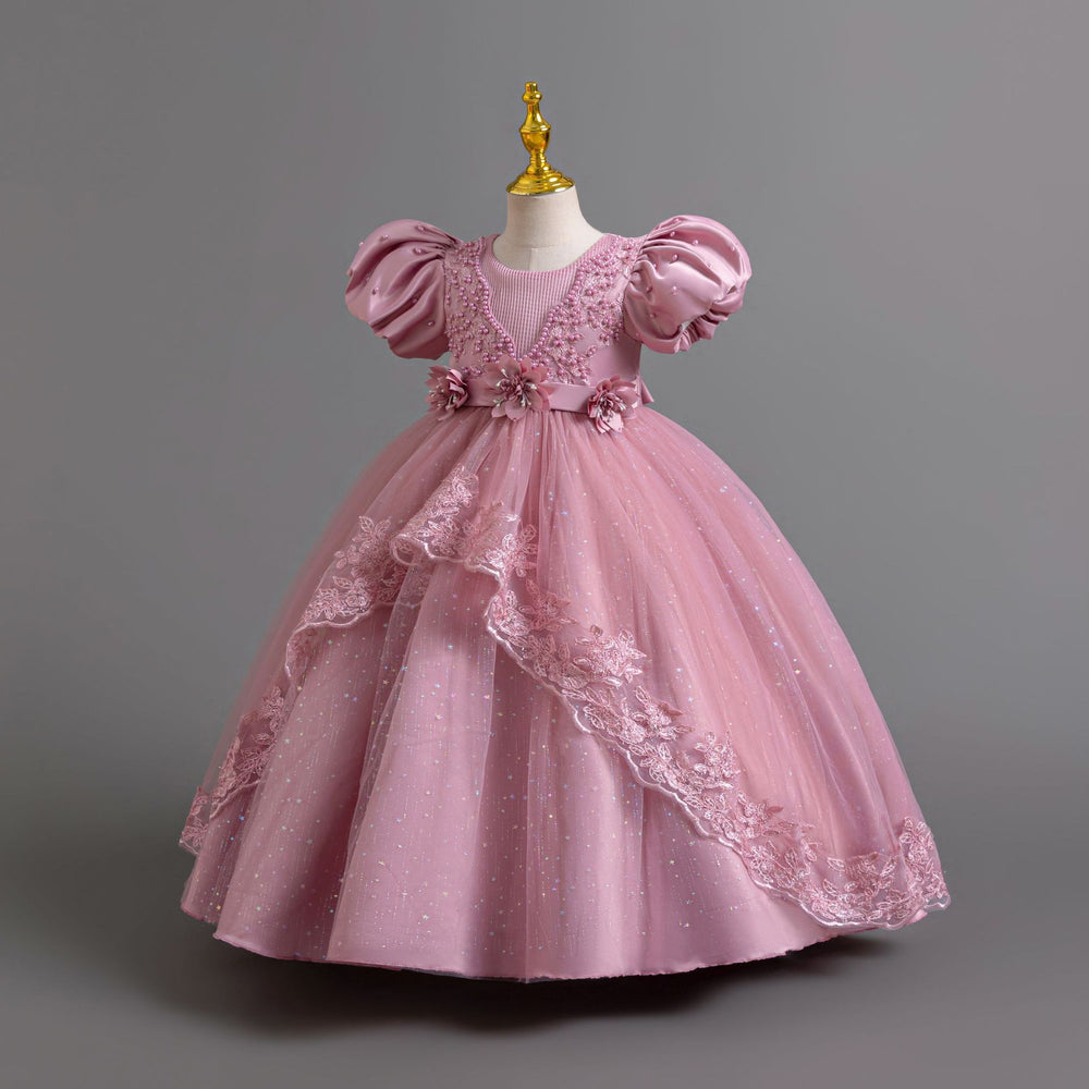 Ready-to-ship wholesale princess dresses with puff sleeves and lace detailing, perfect for children's formal wear, birthdays, piano recitals, and performances. kids' dresses