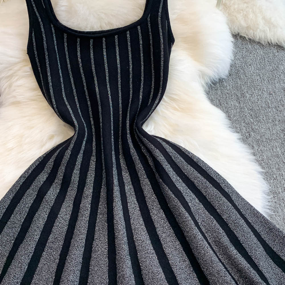 2025new arrivalelegantelegance vertical stripes waist slimming look suspender dress light mature style knitting large hem short skirt for women
