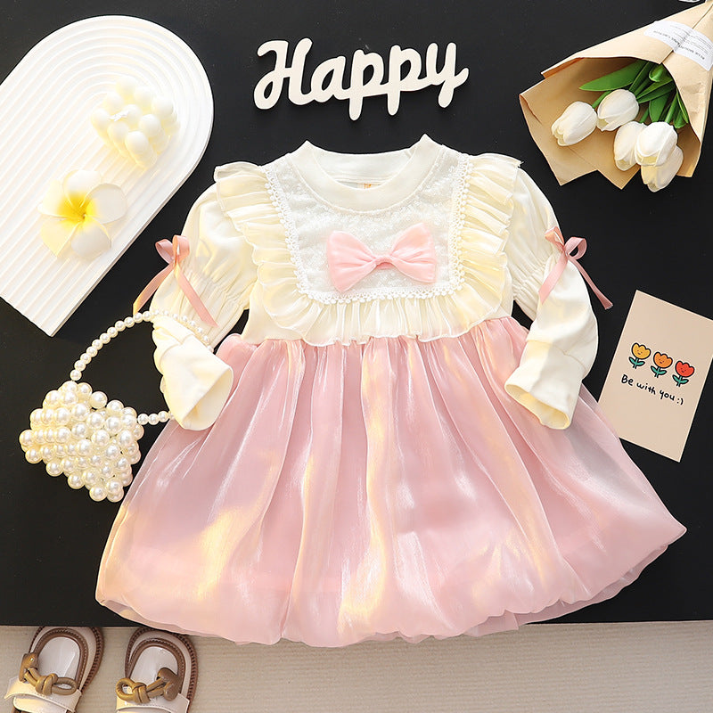 Girls' dress: sweet and stylish round neck floral lace bow patchwork long sleeve princess dress for toddlers and young children