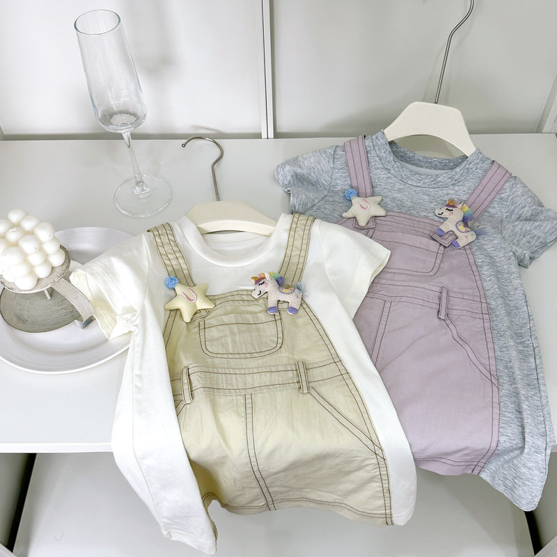 Girls' summer outfit  new style patchwork fake two-piece suspender short sleeve girl's baby t-shirt dress top for toddler, little kid, and big kid - trendy