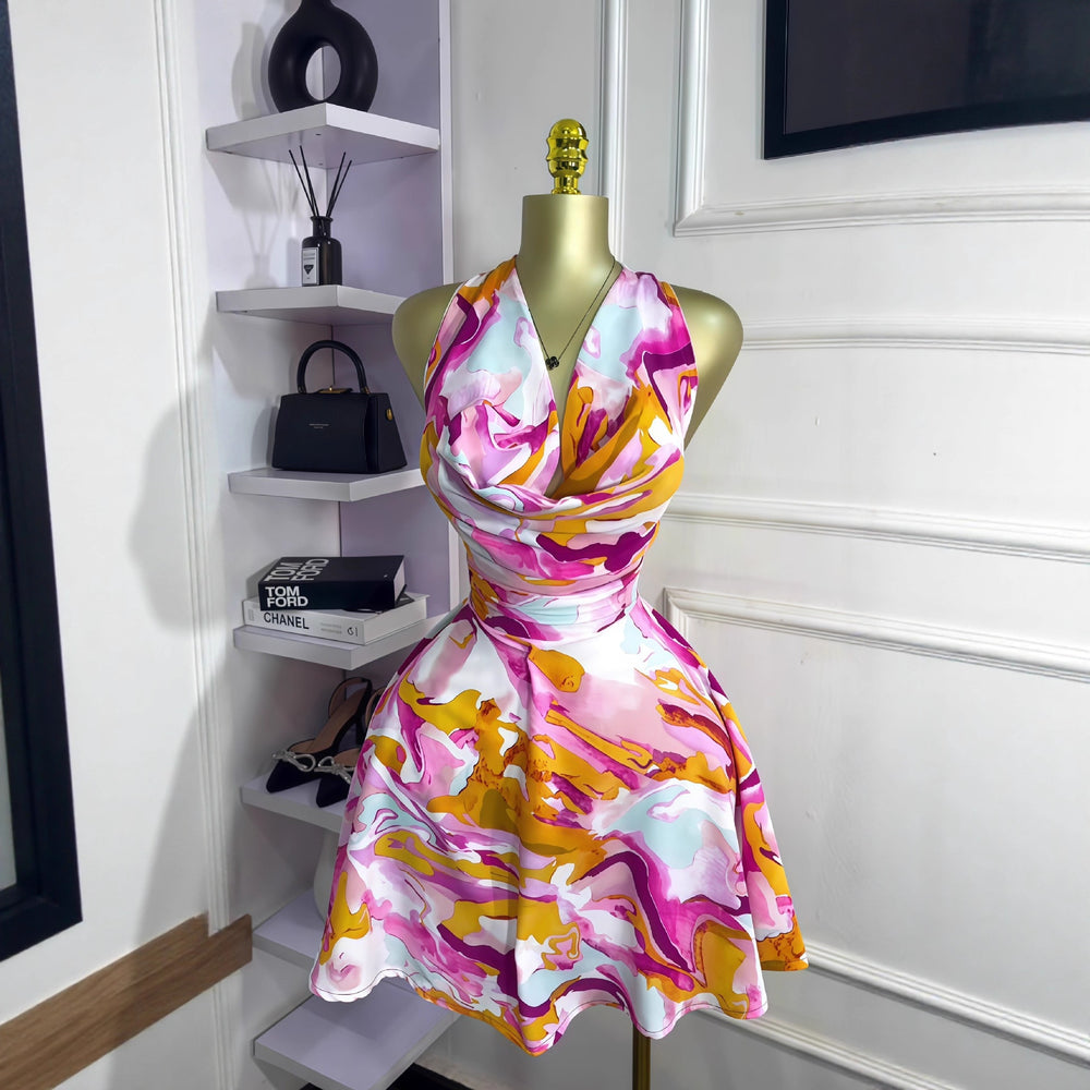European and american cross-border women's fashion:  autumn new sleeveless off-the-shoulder tie-waist printed mini dress