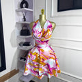 European and american cross-border women's fashion:  autumn new sleeveless off-the-shoulder tie-waist printed mini dress