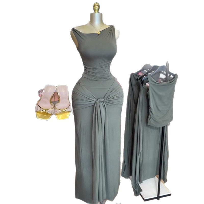 European and american cross-border women's fashion  summer new arrival: elegant asymmetrical neck slim-fit top and bodycon tie-waist midi skirt set