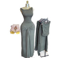 European and american cross-border women's fashion  summer new arrival: elegant asymmetrical neck slim-fit top and bodycon tie-waist midi skirt set