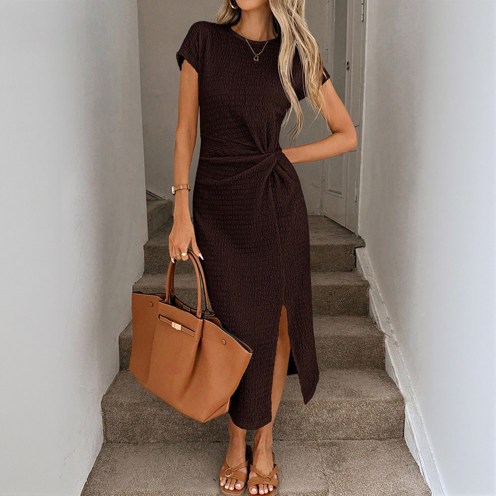 Amazon foreign trade retro modern brown short-sleeve cinched waist slit midi dress - elegant and chic for women