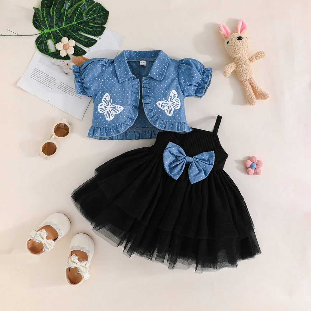 new girls' bowknot suspender dress set - spring/summer korean style mesh skirt two-piece kids' princess dress