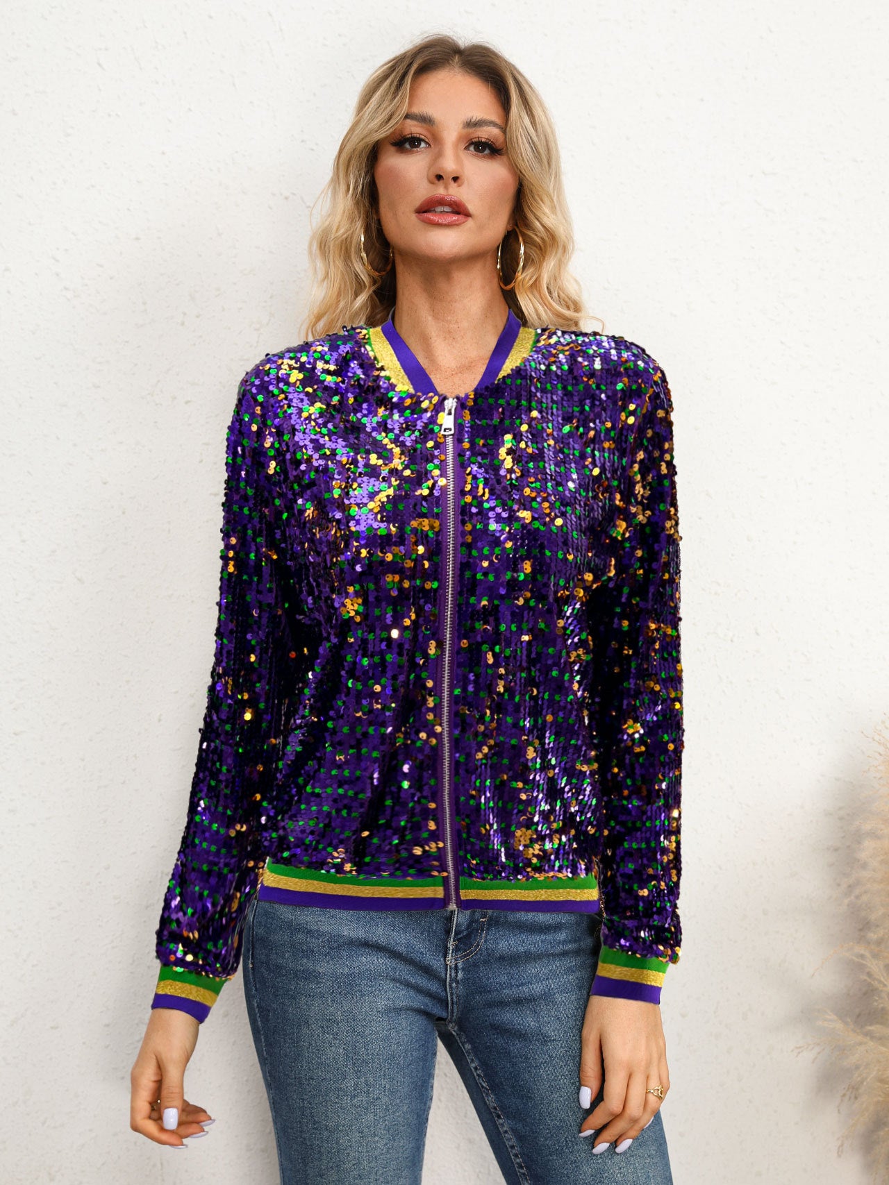10346 Cross-border Europe, America,  long-sleeved sequins fashion trend baseball jacket cardigan women's jacket