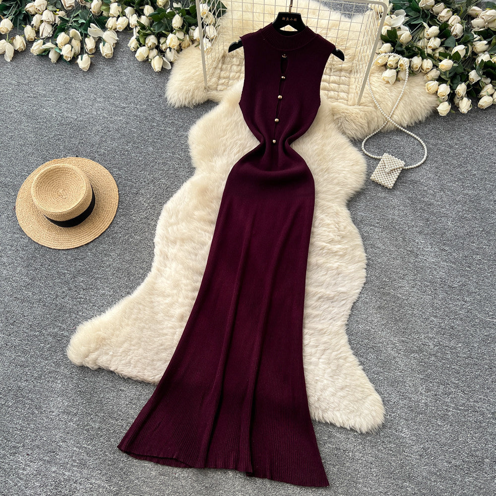 Minimalist sleeveless knit bodycon dress - women's summer high-waisted single-breasted maxi dress - commute-friendly, elegant, and chic