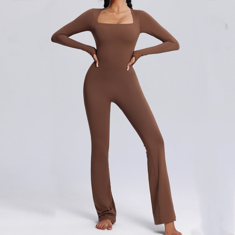 european and american new long-sleeve bodysuit yoga outfit - high-stretch, breathable dance & fitness activewear - women's flare leg bodysuit