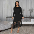 C7533 cross-border   fashion women's slim-fit solid color crew neck tassel hem dress