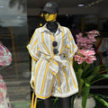 European and american style women's summer  new collection: sweet and fresh striped turn-down collar short-sleeve shirt and high-waisted straight-leg shorts two-piece set