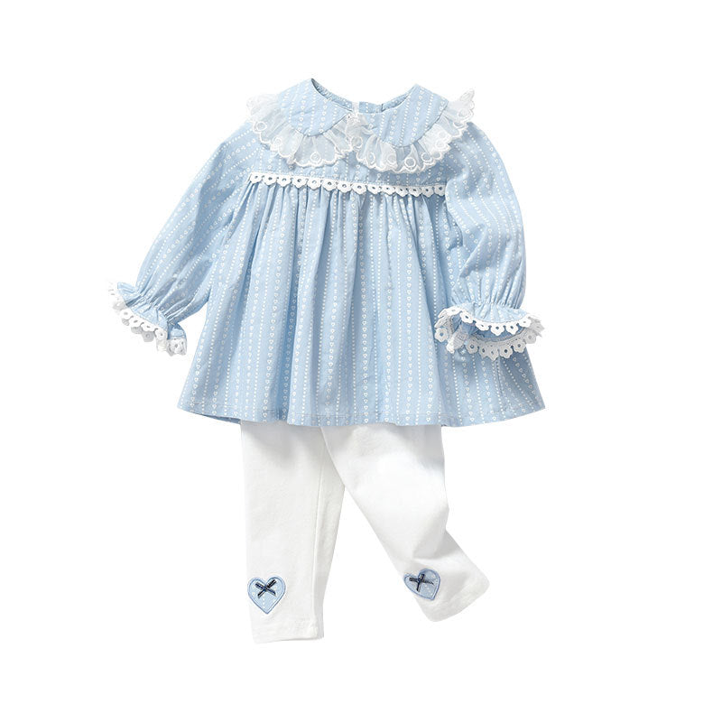 Kids' korean style spring/autumn outfit: girls' long-sleeved pure cotton blue top and pants set - new  collection for toddlers