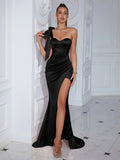 new cross-border  fashion off-the-shoulder slit maxi dress sexy evening gown solid color dress