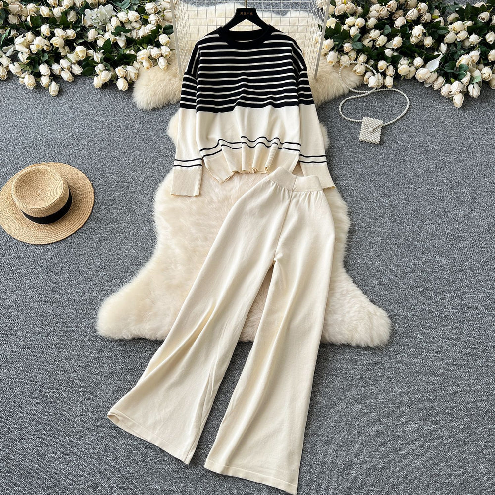 Plus-size slimming two-piece set: age-defying, versatile crew neck color block striped knit top with high-waisted wide-leg pants