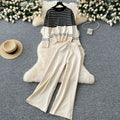 Plus-size slimming two-piece set: age-defying, versatile crew neck color block striped knit top with high-waisted wide-leg pants