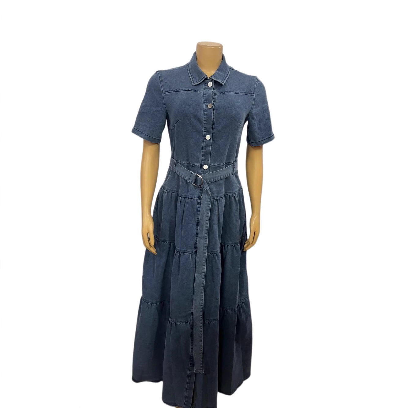 European and American new lapel button cardigan belt waist short-sleeved denim dress  women's clothing