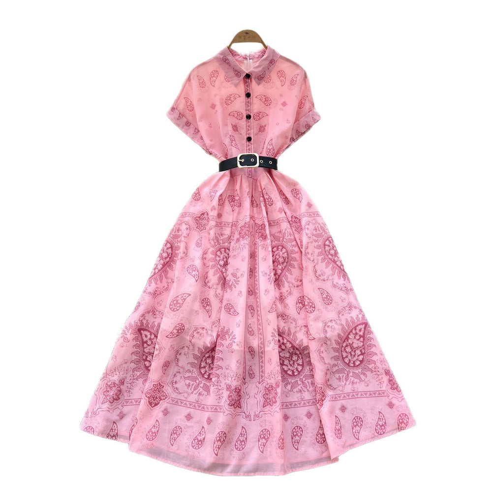 Belted dress -  summer collection: figure-flattering, slim-fit, french-inspired vintage short-sleeve printed maxi dress with a flowy hem
