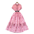Belted dress -  summer collection: figure-flattering, slim-fit, french-inspired vintage short-sleeve printed maxi dress with a flowy hem
