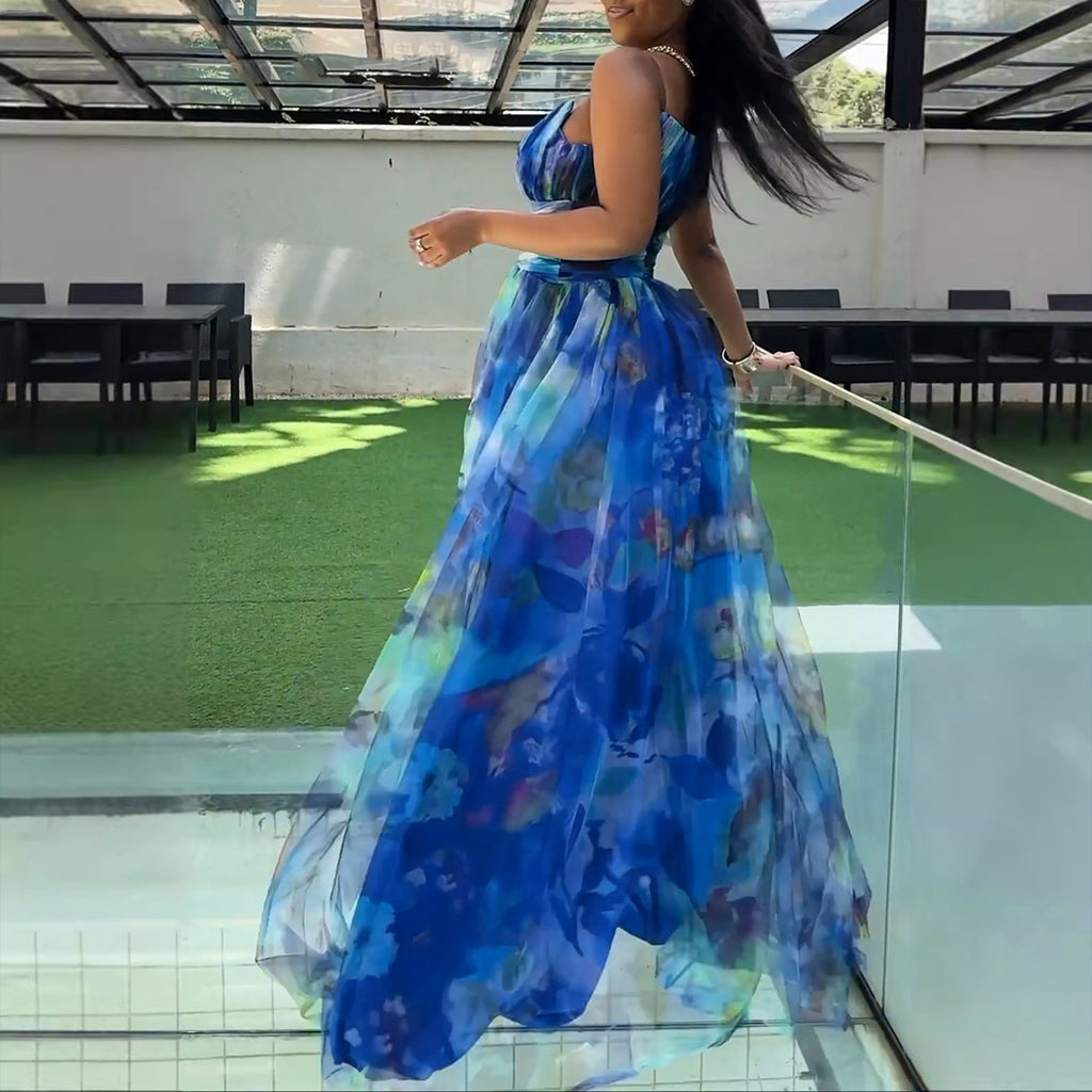 S10899 European and American, mesh stitching waist split suspender dress dress dress