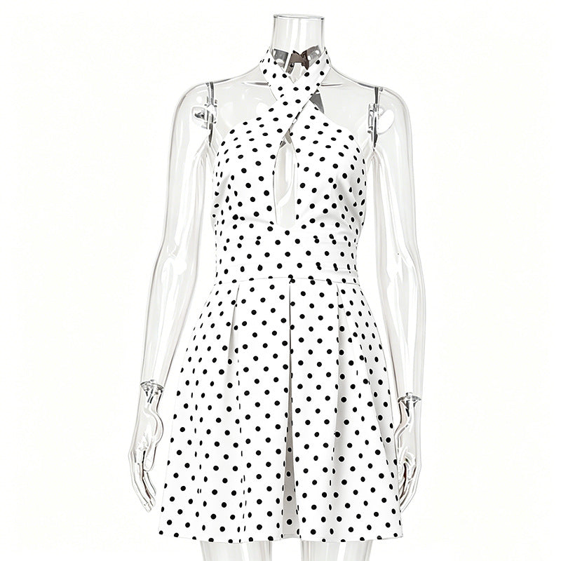 Sexy hot girl polka dot print dress - crisscross neck halter backless mini dress - petite-friendly, seriously stunning dress