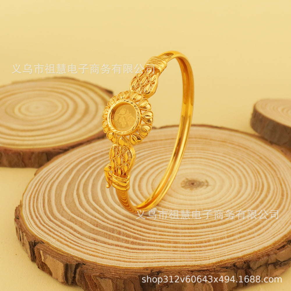 Trendy bohemian gold-plated copper bangle with open-end design - a high-end, luxurious bracelet perfect as a bridal gift