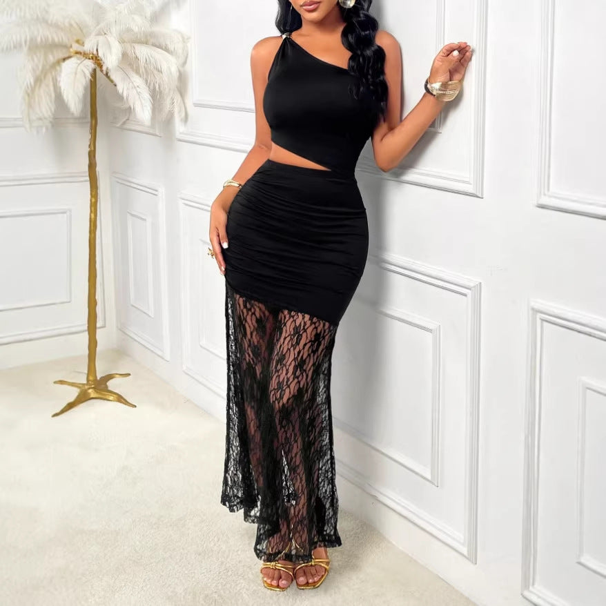 Amazon fashion black pure color elegancesexy formal one-shoulder cut out pleated see-through lacepatchwork long skirt