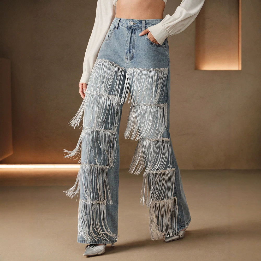 European and american style women's multi-layer silver rhinestone tassel embellished light blue washed high-waisted wide-leg mop-length denim pants