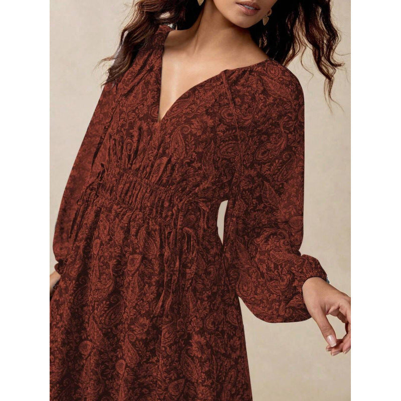 fashion bohemia retro printing loose a-line elegance lantern sleeve tie backdress women