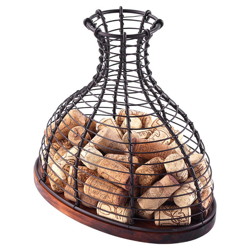 Cross-border  solid wood red wine plug storage basket wrought iron European commercial hotel wine oak plug collection basket