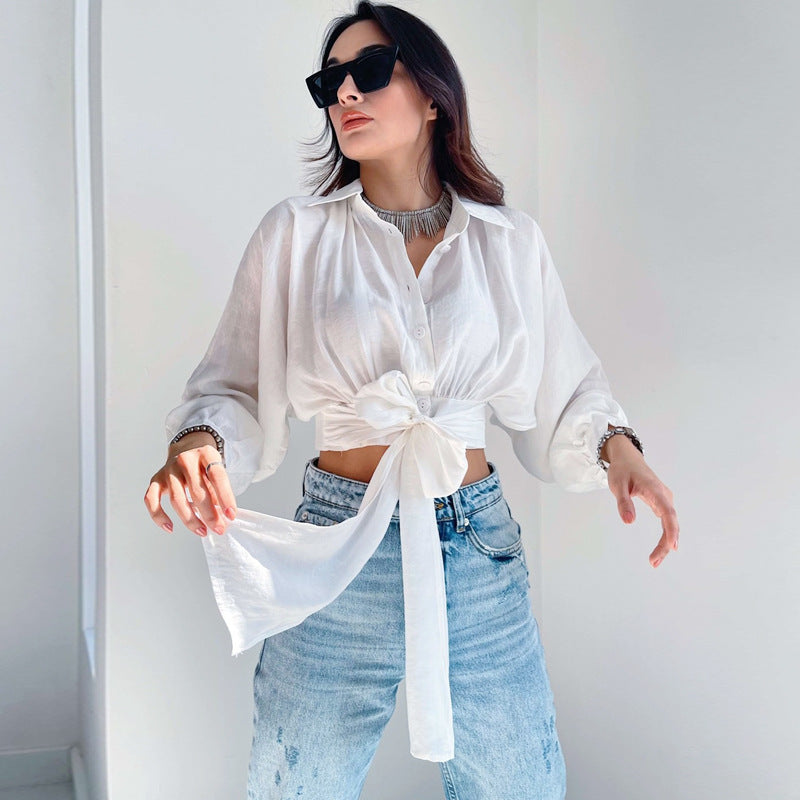 Spot 2023 European and American  shirt women's lace-up long-sleeved cardigan spring and summer open-button loose shirt bat sleeve