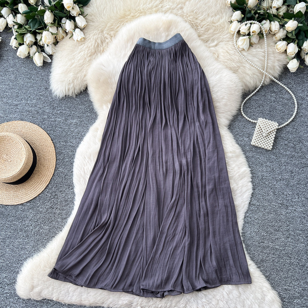 K-style high waist pleated elastic waist skirt women's summera-shaped pleated large hem work clothingelegant long skirt multi-color