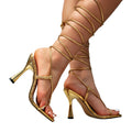 Women's strappy gold heel sandals - party, wedding, sexy, stiletto, square toe - cross-border amazon