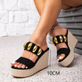 Women's chunky heel sandals - black metal accent, elegant slip-on casual sandals