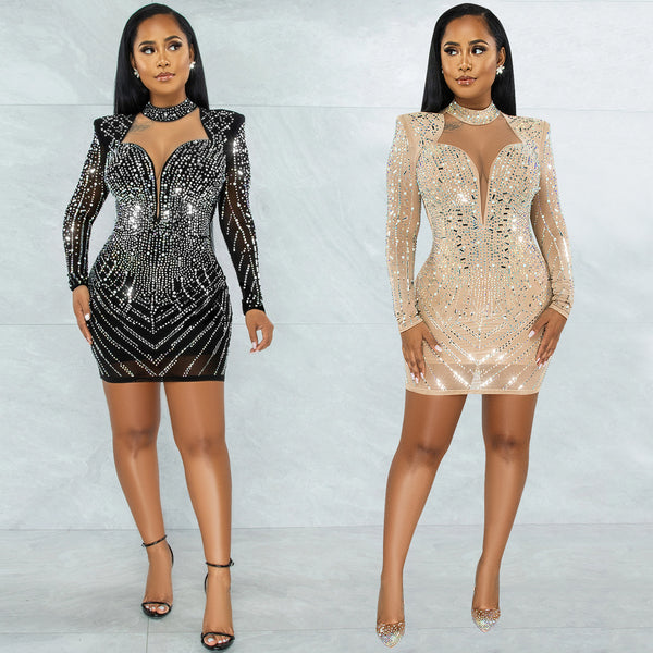X5385 European and American fashion   sexy deep V nightclub party dress hot diamond mesh perspective women's clothing