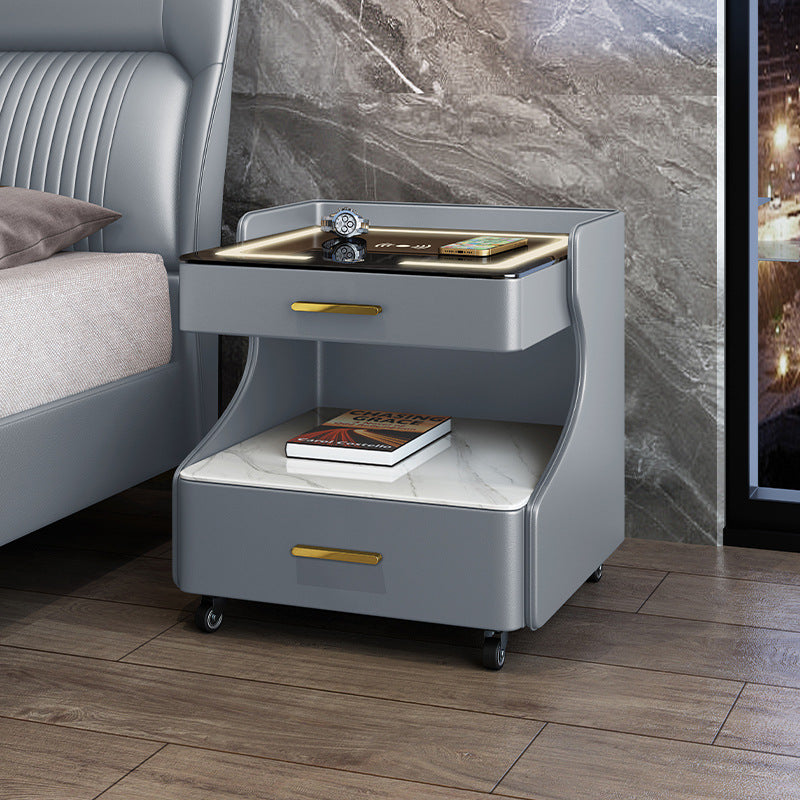 Italian smart bedside table minimalist modern leather bedroom wireless charging popular minimalist storage cabinet high-end rock slab