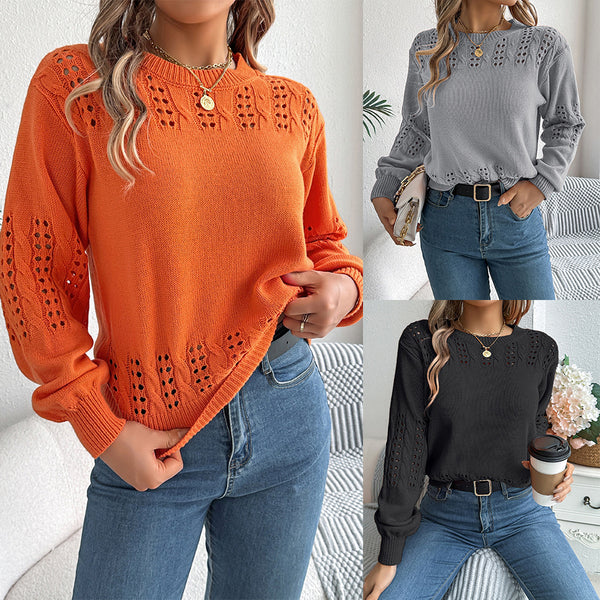 ins wind real shot autumn and winter casual solid color hollow lantern sleeve pullover sweater,   European and American women's clothing